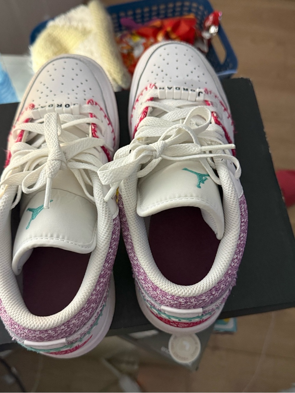 Jordan Kids White Sneakers with Pink & Teal Accents